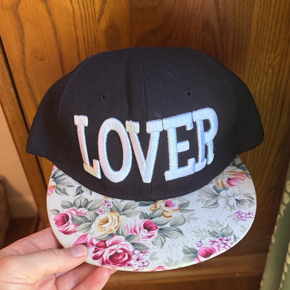 Black Cap with Floral Brim and 'LOVER' Embroidery